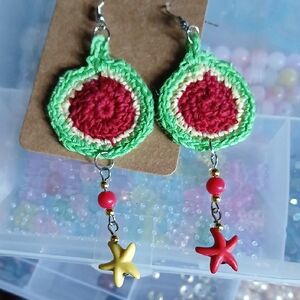 Crochet Watermelon Drop Earrings with Star Charm - Green & Red